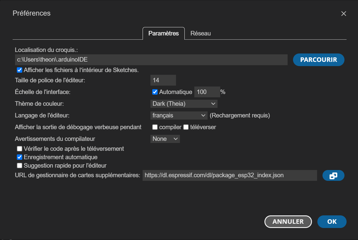 Ajout de l’URL correspondant au gestionnaire de carte ESP32